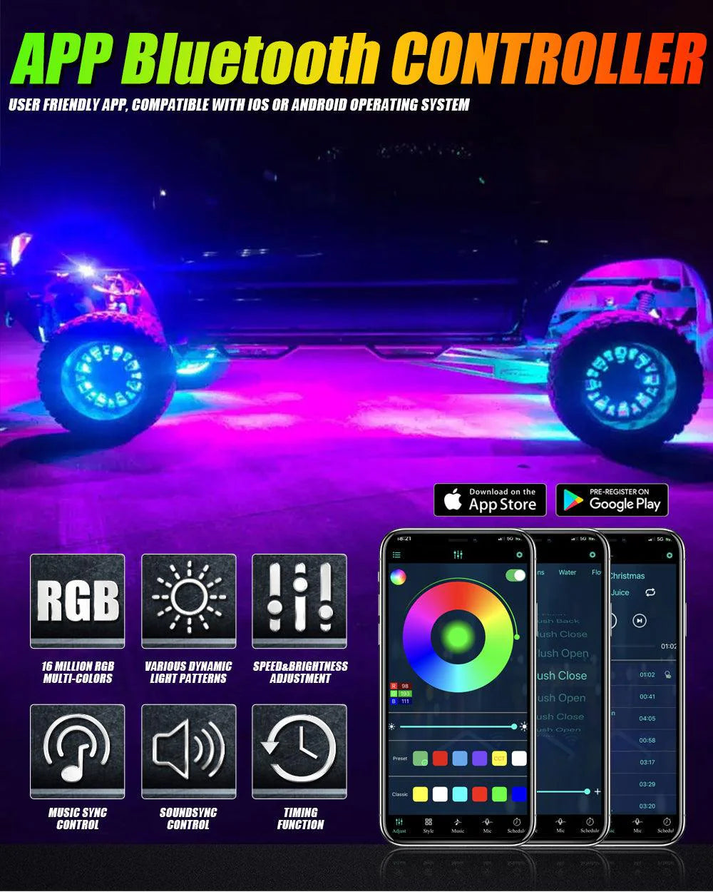 Color LED Wheel Ring Lights – 4pc Set with Remote & App