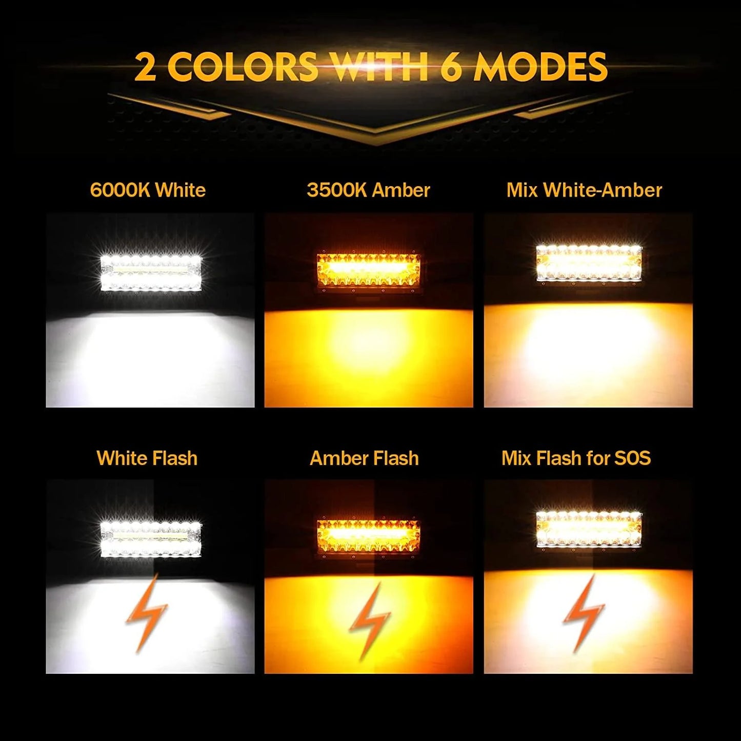 🔦 7" White & Amber LED Light Bar – 6 Modes with Switch (Pair)
