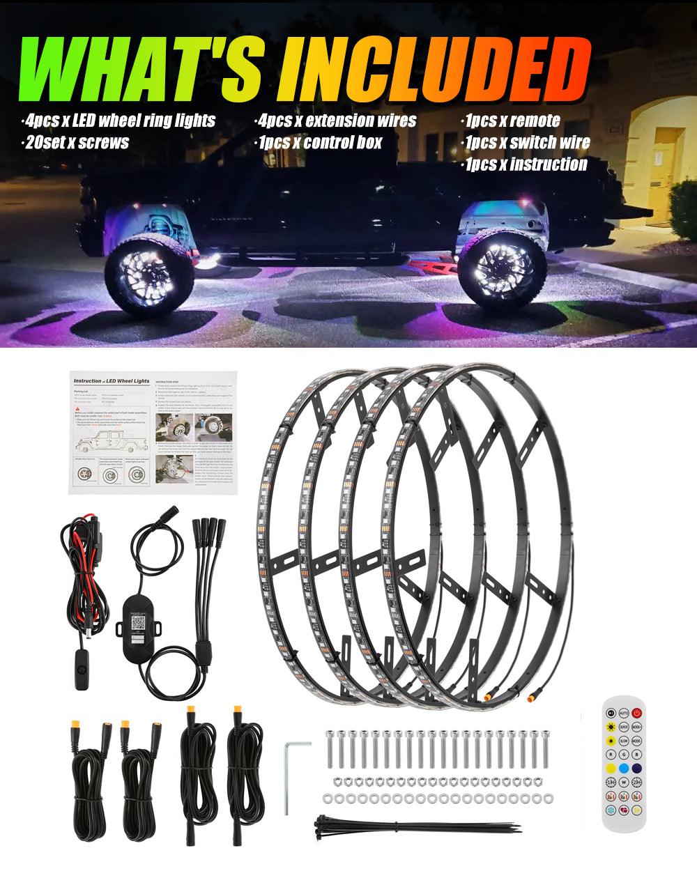 Color LED Wheel Ring Lights – 4pc Set with Remote & App