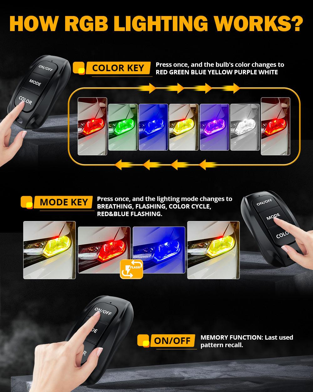 🆕9006/HB4 RGB LED Headlight Bulbs/DRL/Fog Light R7 Series 70W 25000LM 6500K Cool White + RGB Remote Control | 2 Bulbs