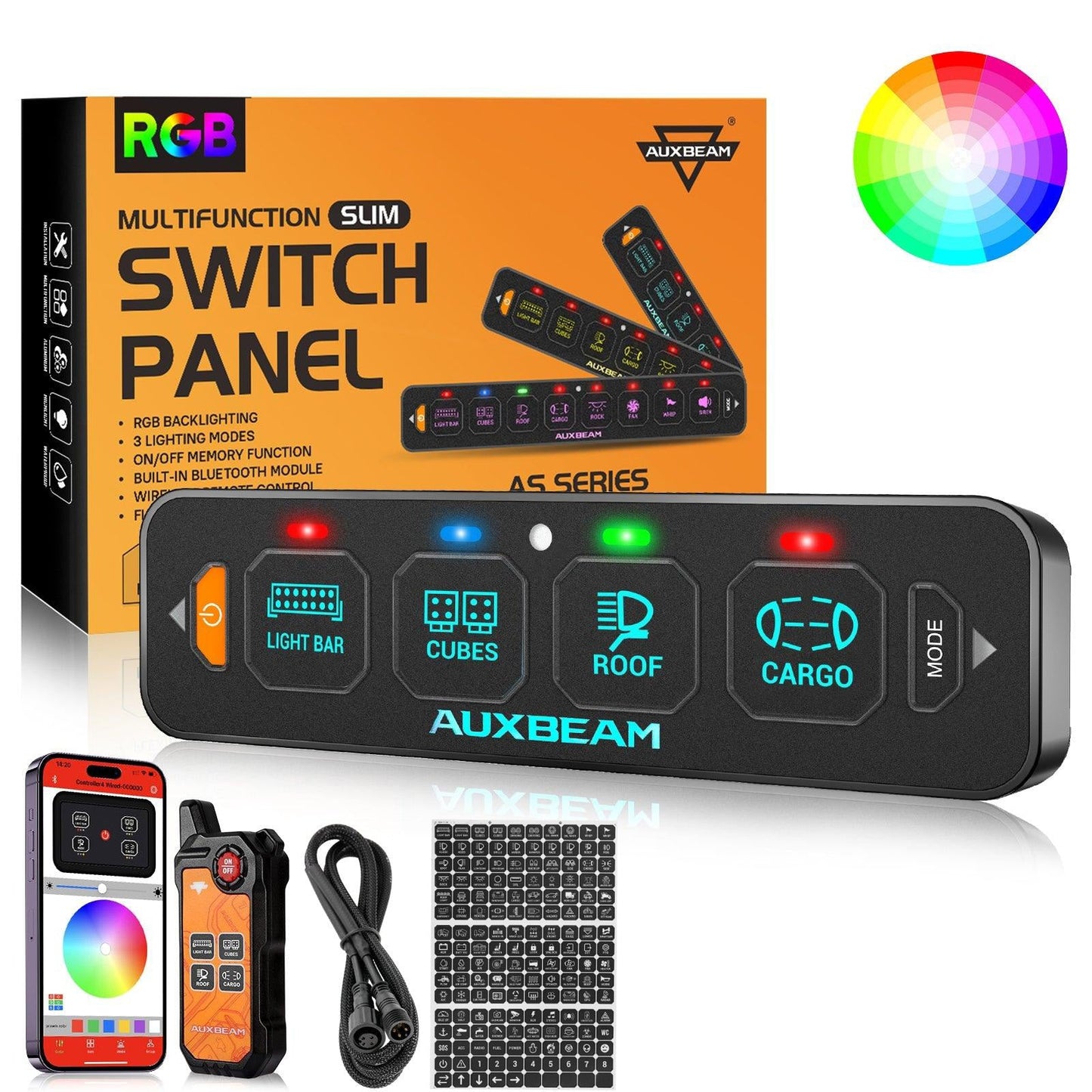 AS-400 RGB Slim Switch Panel with APP&Remote Control, Toggle/ Momentary/ Pulsed Mode Supported(One-Sided Outlet)