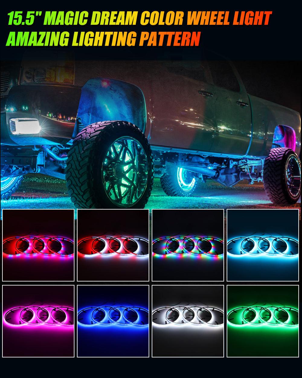 Color LED Wheel Ring Lights – 4pc Set with Remote & App