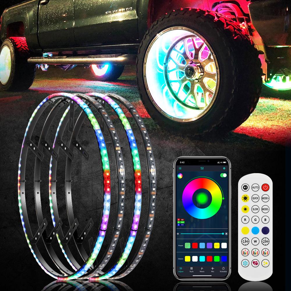 Color LED Wheel Ring Lights – 4pc Set with Remote & App