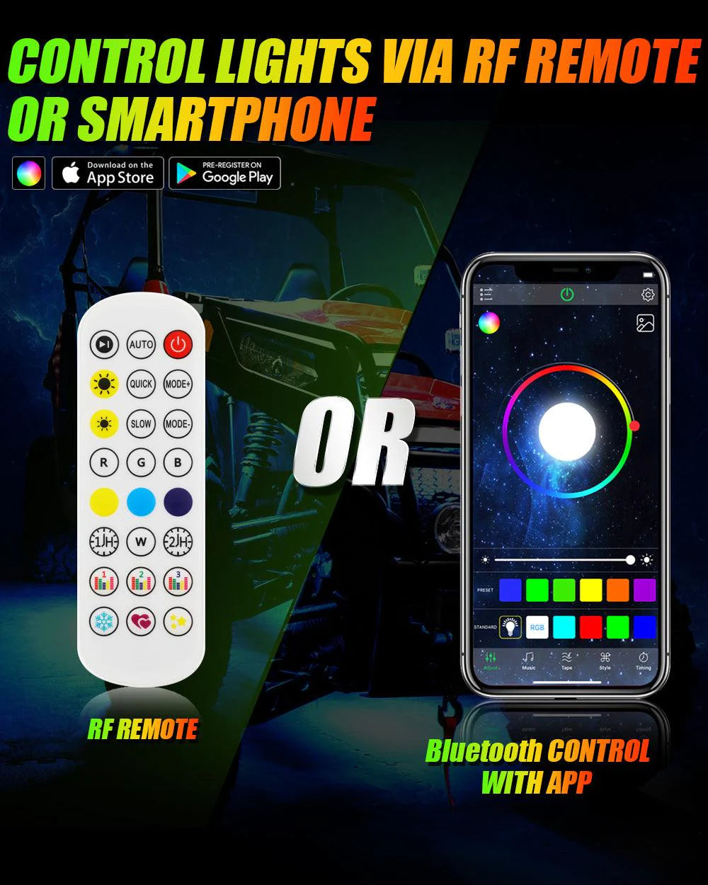 Color LED Wheel Ring Lights – 4pc Set with Remote & App