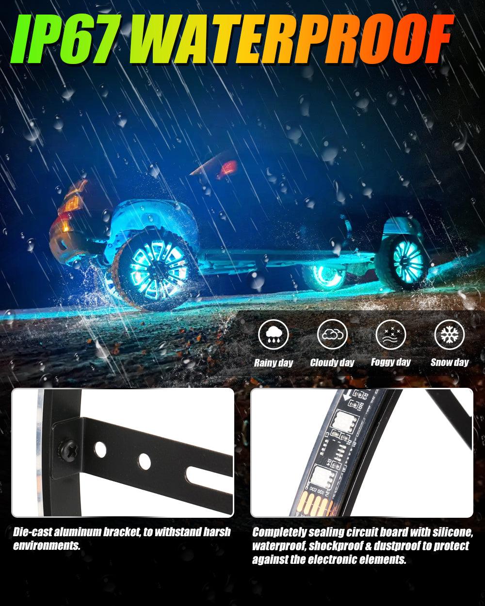 Color LED Wheel Ring Lights – 4pc Set with Remote & App