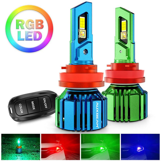🆕H11/H9/H8 RGB LED Headlight Bulbs/DRL/Fog Light R7 Series 70W 25000LM 6500K Cool White + RGB Remote Control | 2 Bulbs