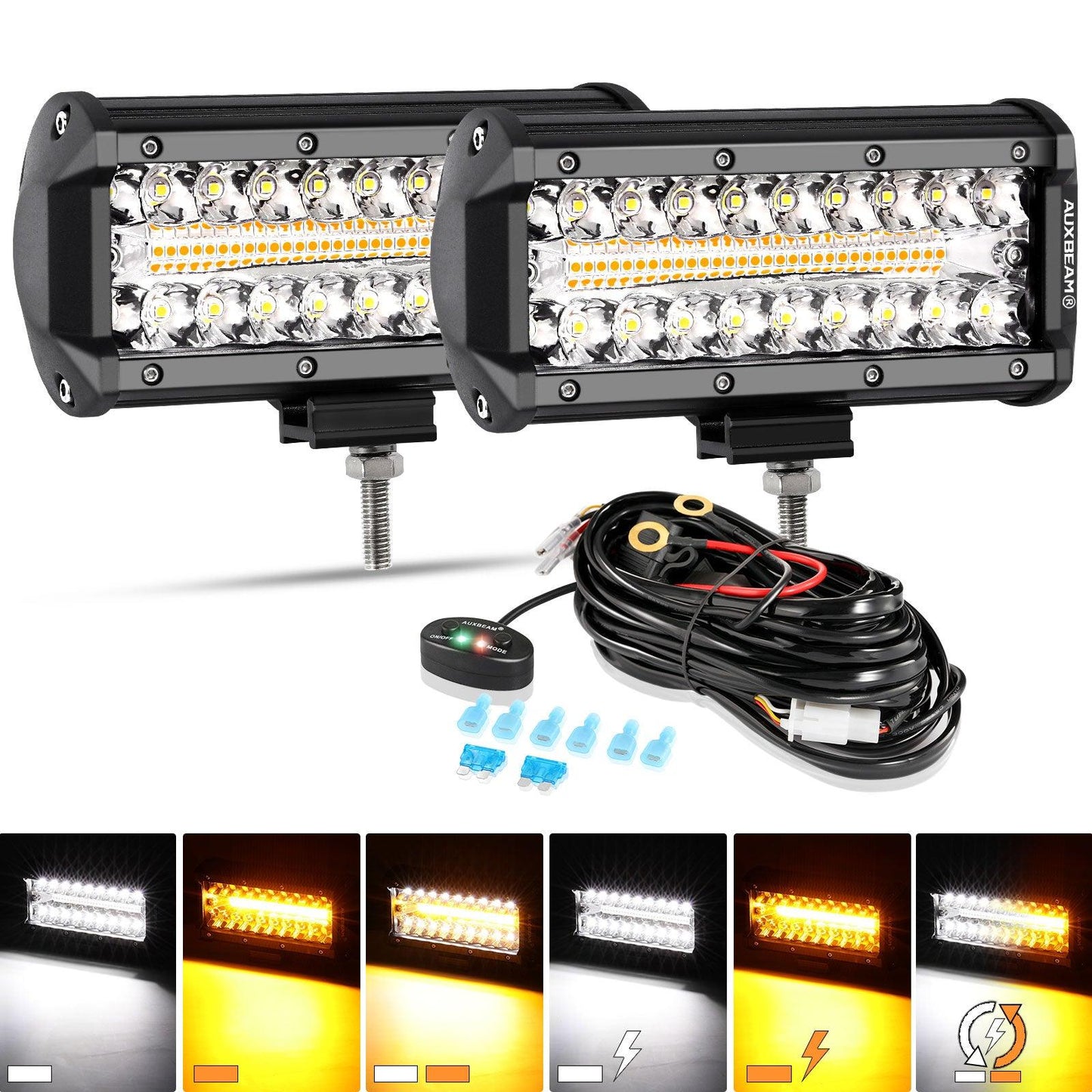 🔦 7" White &amp; Amber LED Light Bar – 6 Modes with Switch (Pair)
